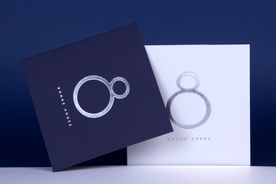 Carte de vœux 2018 Collection Intaglio Paris, modèle Ring en Argent sur carte Bleu et Blanche